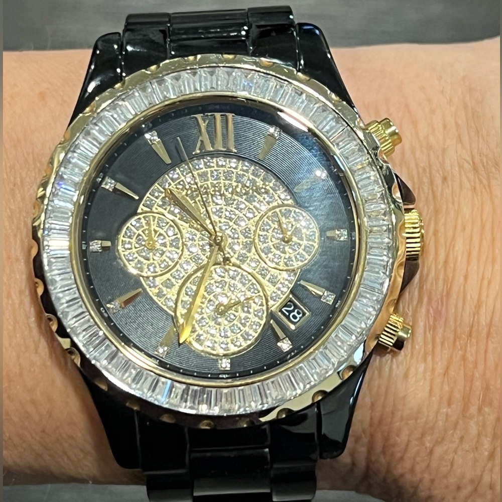 MK-5747 MICHALE KORS women’s black steel watch band with baguette cut crystals